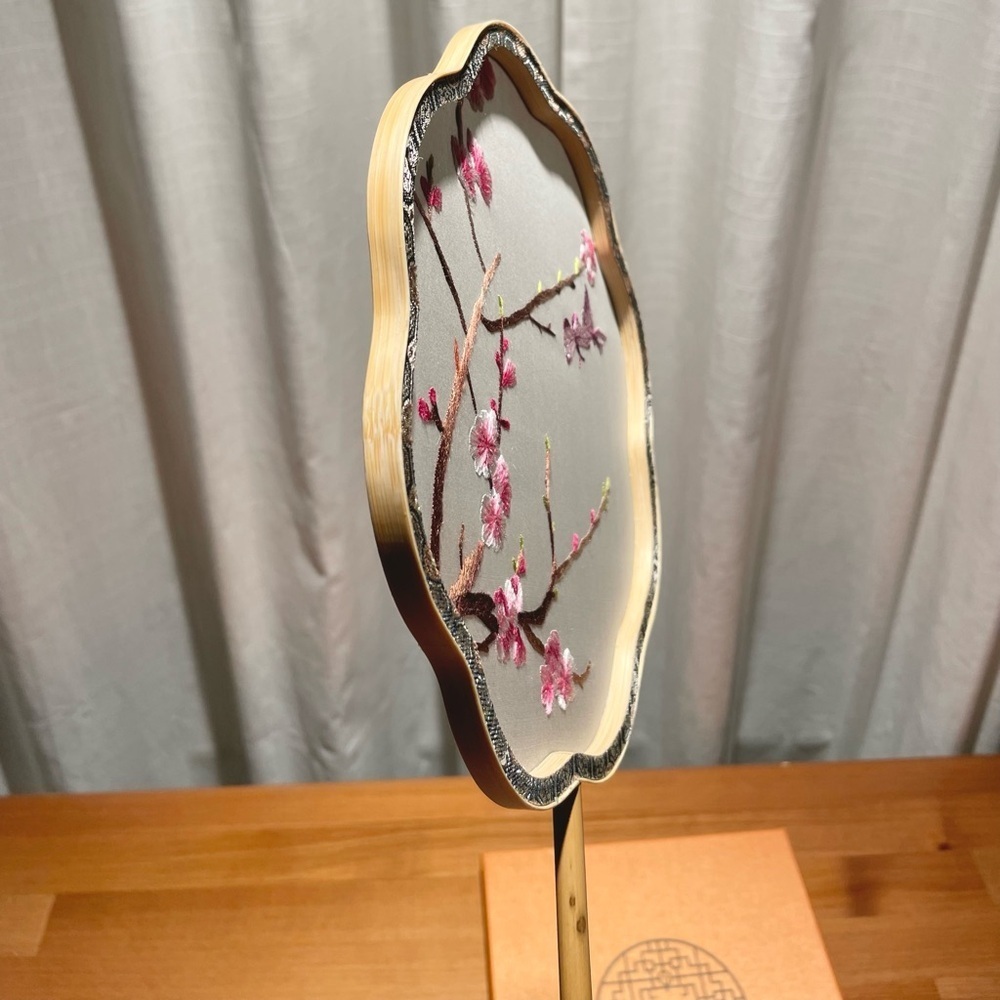 Handsewn Suzhou Embroidery Double Sided Hand Fan Cherry Blossom Butterfly Bamboo - Picture 8 of 16